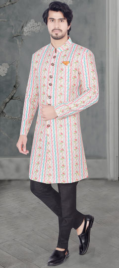 White and Off White color IndoWestern Dress in Jacquard fabric with Weaving work