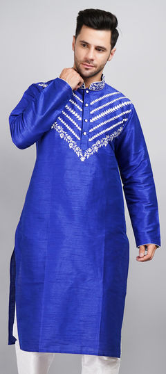 Blue color Kurta in Dupion Silk fabric with Embroidered, Thread work