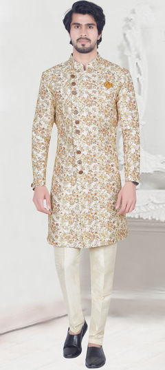 White and Off White color IndoWestern Dress in Jacquard fabric with Weaving work