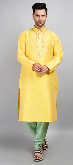 Yellow color Kurta Pyjamas in Dupion Silk fabric with Embroidered, Thread work