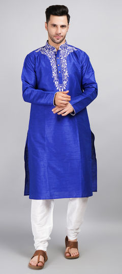 Blue color Kurta Pyjamas in Dupion Silk fabric with Embroidered, Thread work