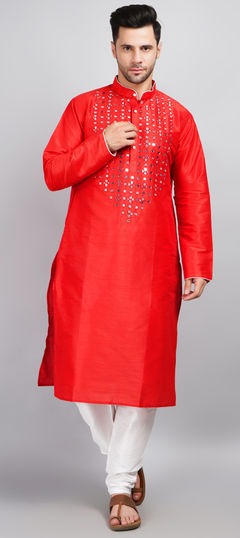 Red and Maroon color Kurta Pyjamas in Dupion Silk fabric with Mirror work