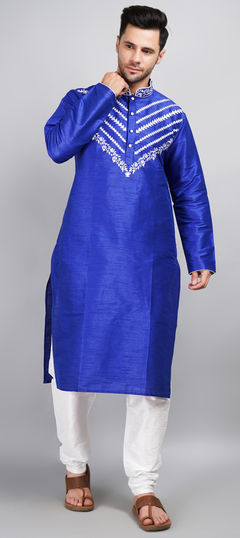 Blue color Kurta Pyjamas in Dupion Silk fabric with Embroidered, Thread work