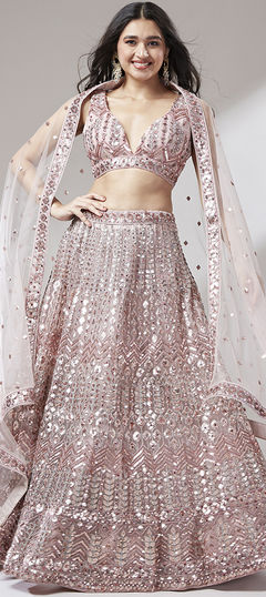 Designer, Mehendi Sangeet, Reception Pink and Majenta color Lehenga in Net fabric with Flared Embroidered, Mirror, Sequence, Thread work : 1900978