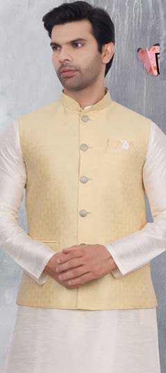 Yellow color Nehru Jacket in Jacquard fabric with Weaving work