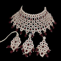 Gold Rodium Polish Red and Maroon color Necklace in Metal Alloy studded with CZ Diamond