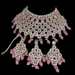 Gold Rodium Polish Pink and Majenta color Necklace in Metal Alloy studded with CZ Diamond
