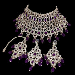 Gold Rodium Polish Purple and Violet color Necklace in Metal Alloy studded with CZ Diamond