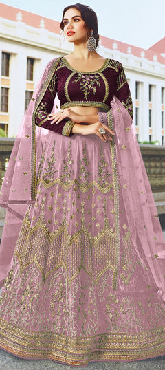 Pink and Majenta color Lehenga in Net fabric with Embroidered, Resham, Thread, Zari work