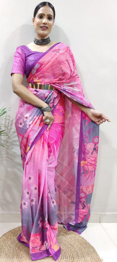 Festive, Party Wear Pink and Majenta color Saree in Georgette fabric with Classic Digital Print, Weaving, Zari work : 1901124