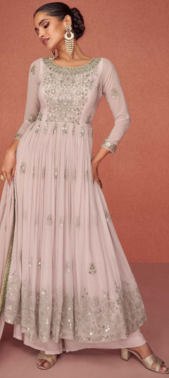 Pink and Majenta color Salwar Kameez in Georgette fabric with Embroidered, Sequence work