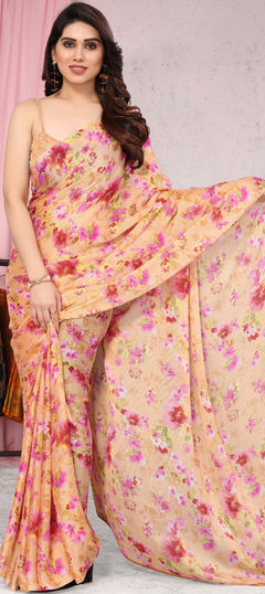 Orange color Saree in Chiffon fabric with Floral, Printed work