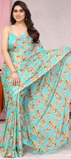 Blue color Saree in Chiffon fabric with Floral, Printed work