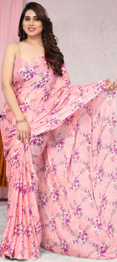 Pink and Majenta color Saree in Chiffon fabric with Floral, Printed work