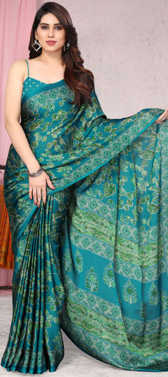 Blue color Saree in Chiffon fabric with Floral, Printed work