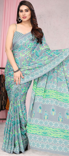 Black and Grey color Saree in Chiffon fabric with Floral, Printed work