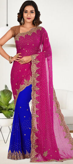 Blue, Pink and Majenta color Saree in Georgette fabric with Cut Dana, Stone work