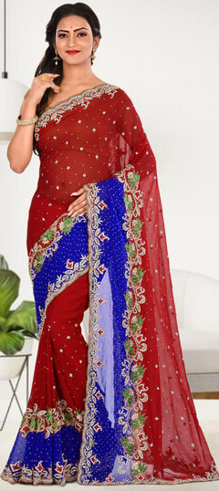 Blue, Red and Maroon color Saree in Georgette fabric with Cut Dana, Stone, Thread work