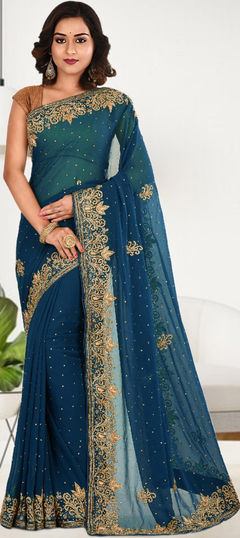 Blue color Saree in Georgette fabric with Cut Dana, Stone work