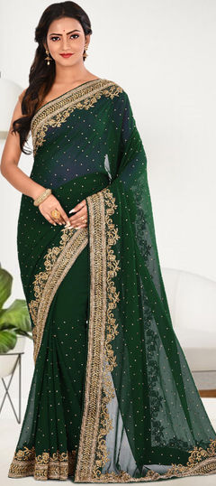 Green color Saree in Georgette fabric with Cut Dana, Stone, Thread work