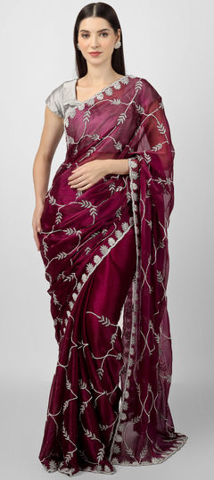 Pink and Majenta color Saree in Silk fabric with Bugle Beads, Cut Dana work