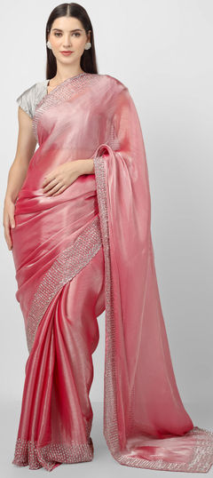 Pink and Majenta color Saree in Silk fabric with Bugle Beads, Cut Dana work