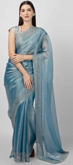 Blue color Saree in Silk fabric with Bugle Beads, Cut Dana work