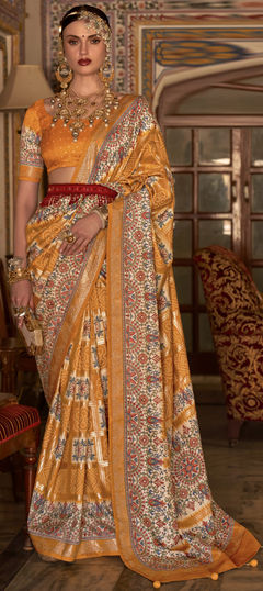 Beige and Brown, Yellow color Saree in Art Silk, Silk fabric with Bandhej, Printed, Weaving work