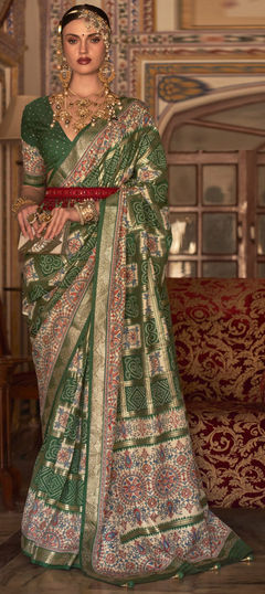 Beige and Brown, Green color Saree in Art Silk, Silk fabric with Bandhej, Printed, Weaving work