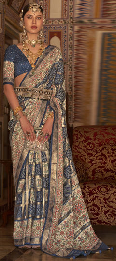 Beige and Brown, Blue color Saree in Art Silk, Silk fabric with Bandhej, Printed, Weaving work