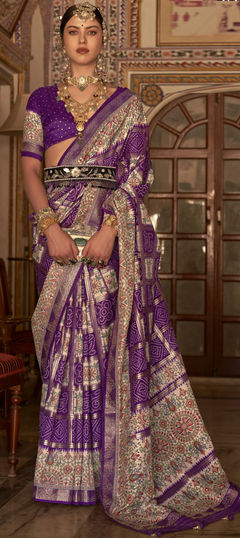 Beige and Brown, Purple and Violet color Saree in Art Silk, Silk fabric with Bandhej, Printed, Weaving work