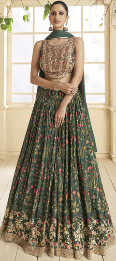 Green color Ready to Wear Lehenga in Georgette fabric with Floral, Printed, Sequence, Thread work