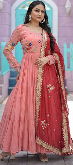 Party Wear, Wedding Pink and Majenta color Gown in Georgette fabric with Embroidered, Thread work : 1901481