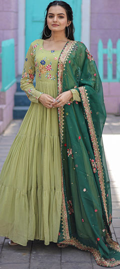 Party Wear, Wedding Green color Gown in Georgette fabric with Embroidered, Thread work : 1901483