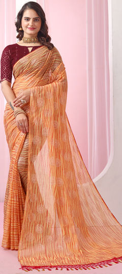 Yellow color Saree in Georgette fabric with Printed, Sequence work