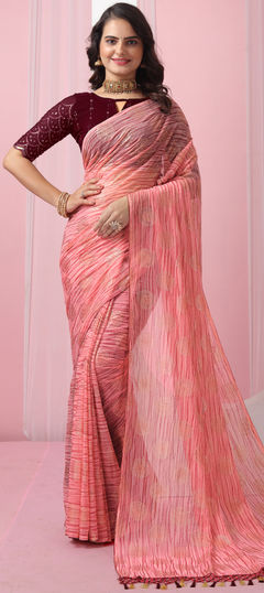 Pink and Majenta color Saree in Georgette fabric with Printed, Sequence work