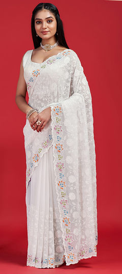 White and Off White color Saree in Georgette fabric with Embroidered, Thread, Zari work