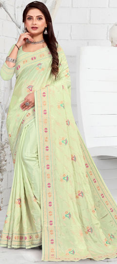 Green color Saree in Crepe Silk, Silk fabric with Embroidered, Resham, Thread work