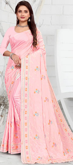 Pink and Majenta color Saree in Crepe Silk, Silk fabric with Embroidered, Resham, Thread work