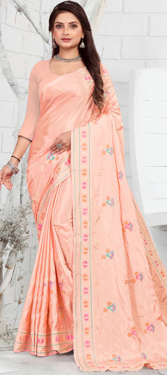 Pink and Majenta color Saree in Crepe Silk, Silk fabric with Embroidered, Resham, Thread work