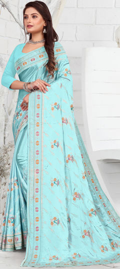 Blue color Saree in Crepe Silk, Silk fabric with Embroidered, Resham, Thread work