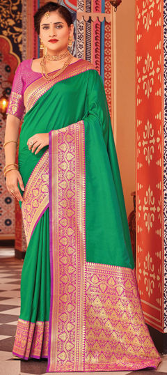 Green color Saree in Silk fabric with Weaving, Zari work