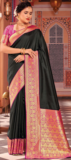 Black and Grey color Saree in Silk fabric with Weaving, Zari work