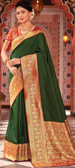 Green color Saree in Silk fabric with Weaving, Zari work