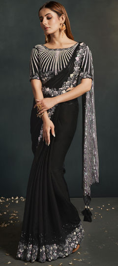 Black and Grey color Readymade Saree in Satin Silk fabric with Embroidered, Sequence, Stone, Thread work