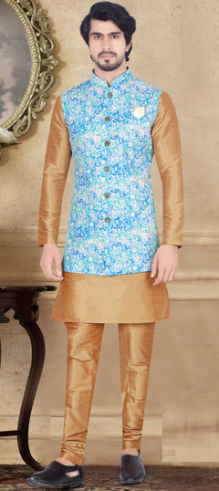 Beige and Brown color Kurta Pyjama with Jacket in Art Silk fabric with Digital Print, Sequence, Thread work