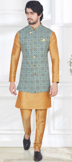 Beige and Brown color Kurta Pyjama with Jacket in Art Silk fabric with Digital Print, Sequence, Thread work