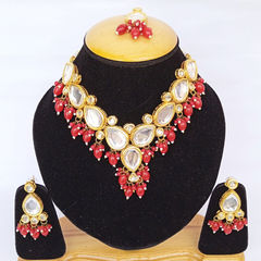 Gold Rodium Polish Red and Maroon color Necklace in Metal Alloy studded with Kundan