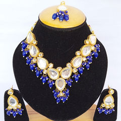 Gold Rodium Polish Blue color Necklace in Metal Alloy studded with Kundan