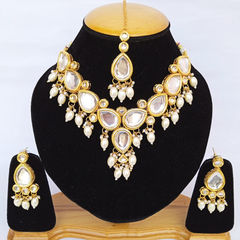 Gold Rodium Polish White and Off White color Necklace in Metal Alloy studded with Kundan
